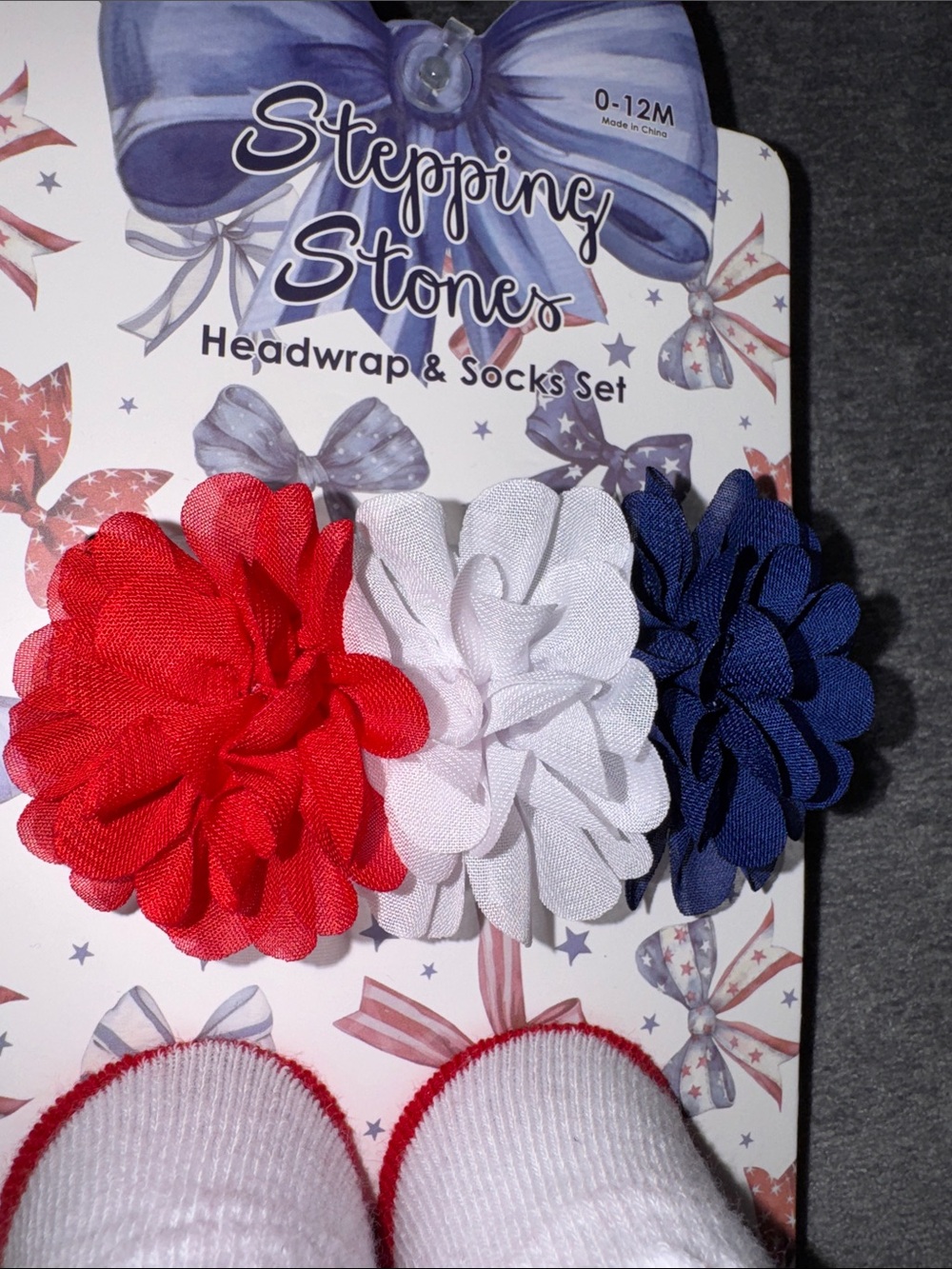 Stepping Stones- Baby Girls Red White & Blue Headwrap & Socks Set 0-12M - Picture 7 of 9